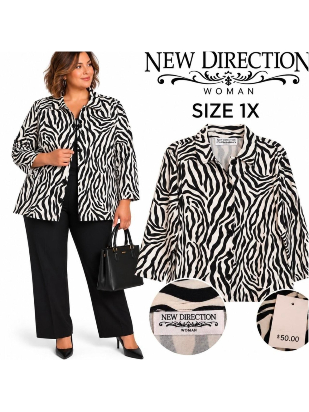 New Direction Woman Zebra Print Jacket Top Size 1X NWT Black White